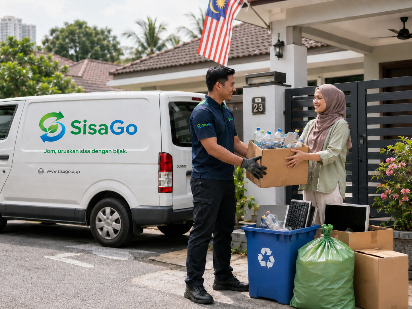 SisaGo pickup van collecting recyclables at a doorstep